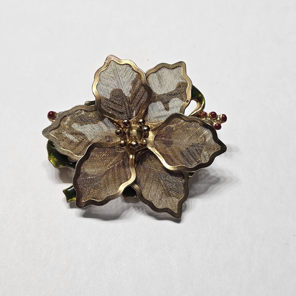 Vintage Signed KC Kenneth Cole Poinsettia Brooch, Mesh Flower and Enamel Leaves